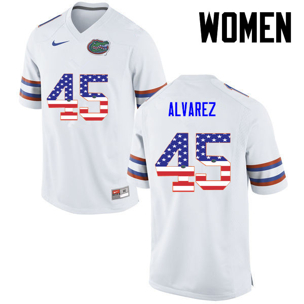 Women Florida Gators #45 Carlos Alvarez College Football USA Flag Fashion Jerseys-White - Click Image to Close